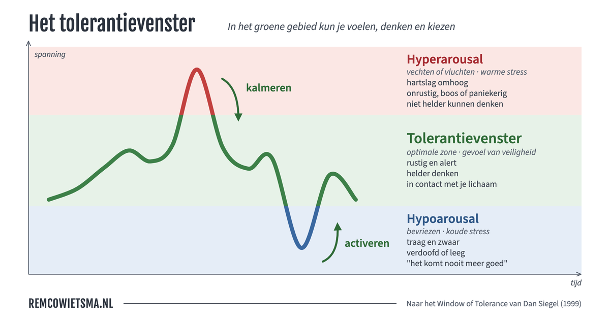 Model van het tolerantievenster (Window of Tolerance): spanning schiet uit naar hyperarousal of zakt weg naar hypoarousal, met kalmeren en activeren als weg terug.